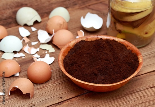 Coffee grounds, crushed eggshells and banana peels as natural organic fertilizer. Organic and cheap way how to manure plants and flowers.