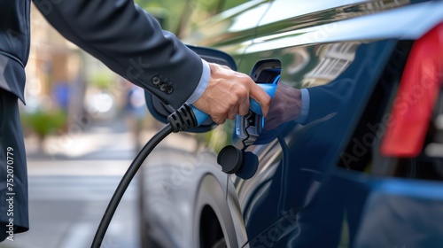 A close-up image of a businessman utilizing an electric car charger to charge his vehicle.