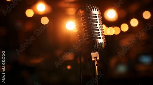 A microphone illuminated by searchlights in the background.