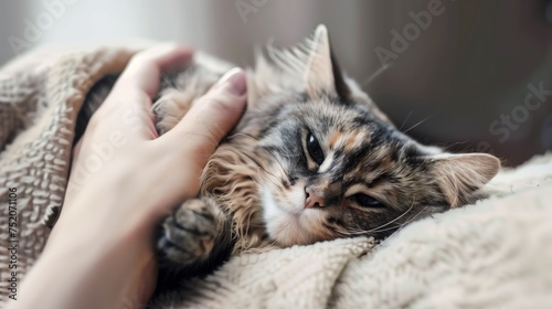 Gentle Human Touch Calming a Beautiful Tabby Cat