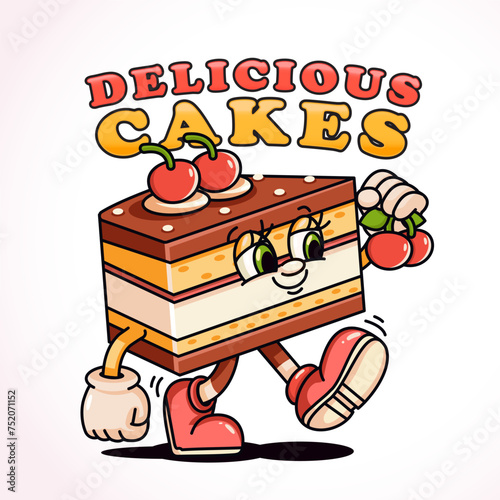 A piece of cake walks while carrying a cherry, a retro mascot. Perfect for logos, mascots, t-shirts, stickers and posters