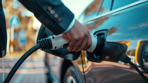 Close-up photo of a businessman using an electric car charger to charge his vehicle