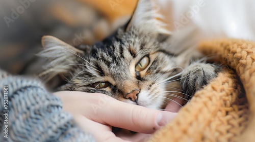 Adorable Cat Enjoying Gentle Strokes from Owner's Hand