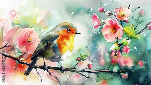 A painting depicting a colorful bird sitting on a branch surrounded by blooming flowers © sommersby