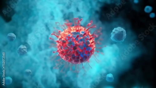 scientific breakthrough in cancer treatment is with 3D printed model showing nanoparticle attacking cancer cell. The nanoparticle is designed to selectively target tumor cells,