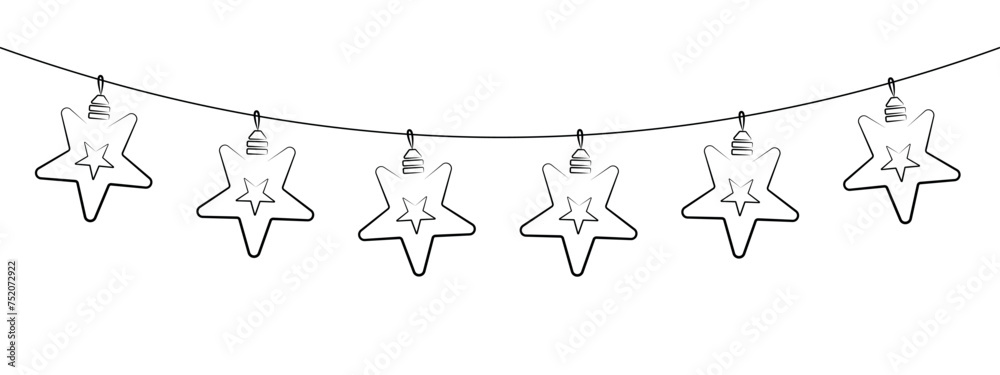 star shape light bulb garland, black outline vector decoration, string hanging lights, holiday light for wedding or birthday cards, new year banners, party posters, christmas window or wall decoration