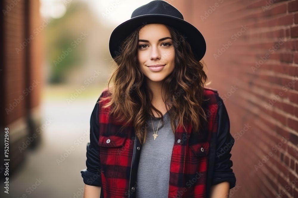 Portrait of a beautiful young woman in a hat and a plaid shirt Portrait of a beautiful young woman in a hat and a plaid shirt