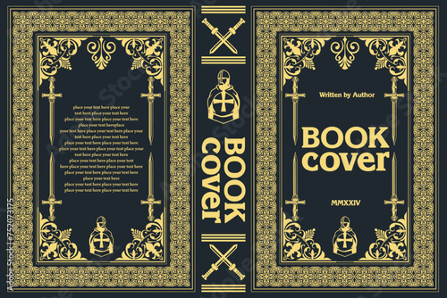 Cover book for medieval novel. Old retro ornament frames. Royal Golden style design. Vintage Border to be printed on the covers of books. 3d hand drawn Vector illustration