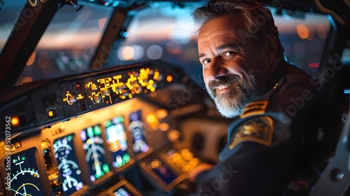 Male pilot sitting in the cockpit  Pilot career concept
