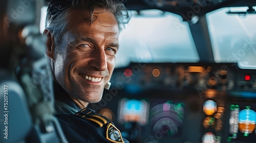 Male pilot sitting in the cockpit, Pilot career concept photo