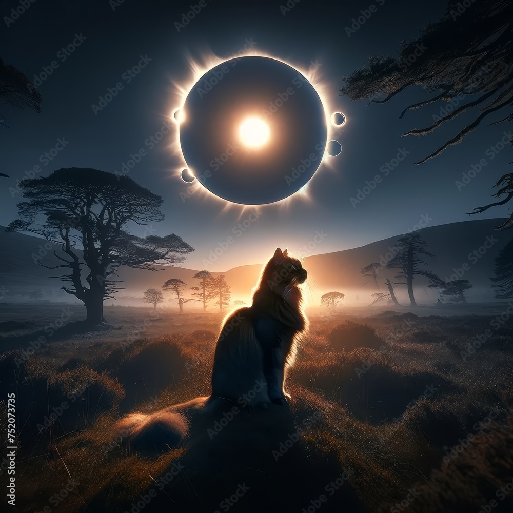 A regal cat sits in contemplation, watching a stunning solar eclipse unfold in a mystical, mist-covered landscape, creating a serene and awe-inspiring scene perfect for any celestial-themed project. - obrazy, fototapety, plakaty 