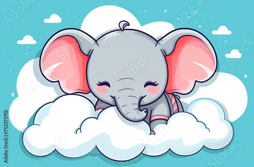 Cute baby elephant sleep on the cloud. Use for Happy birthday invitation card, T-shirt print, baby shower.
