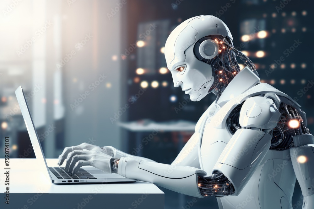The robot sits at the table and looks at the laptop. Office Manager. artificial intelligence The robot sits at the table and looks at the laptop. Office Manager. artificial intelligence