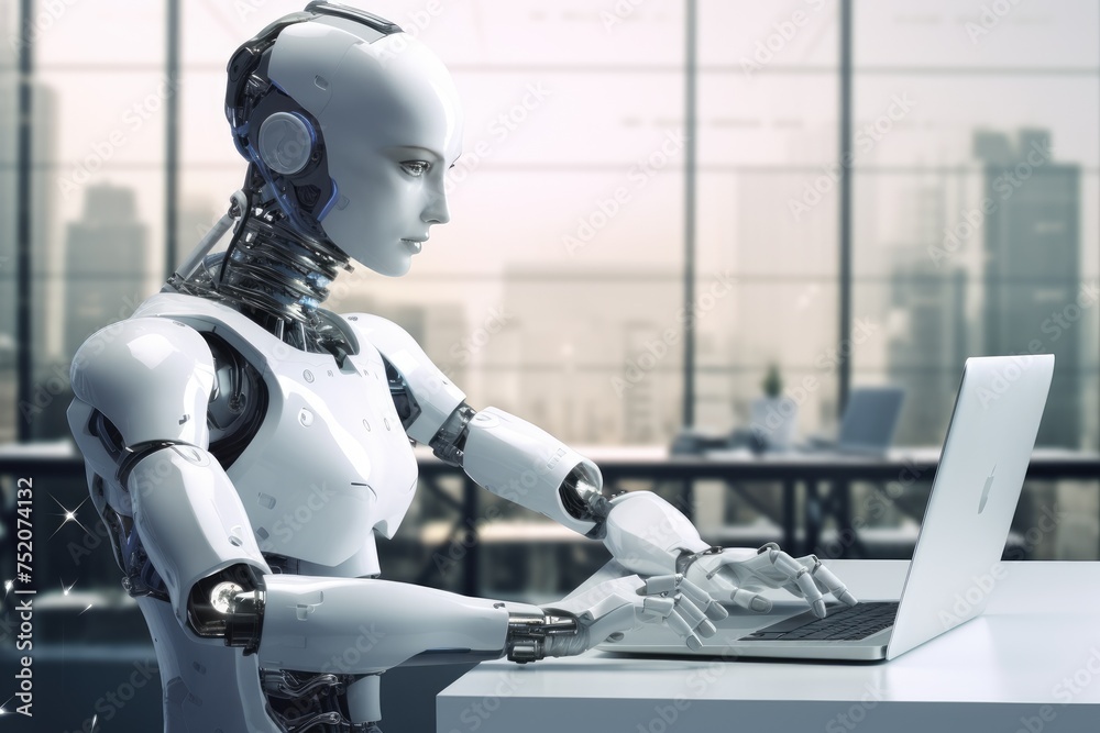 The robot sits at the table and looks at the laptop. Office Manager. artificial intelligence The robot sits at the table and looks at the laptop. Office Manager. artificial intelligence