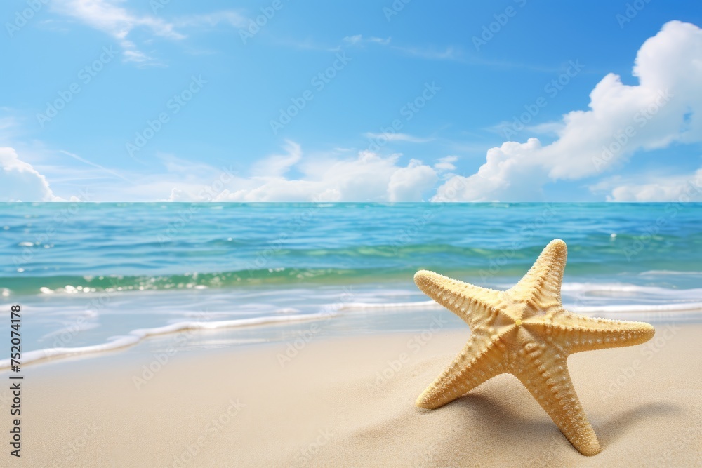 beach with starfish in the sand, space for copy text. Summer holiday concept beach with starfish in the sand, space for copy text. Summer holiday concept
