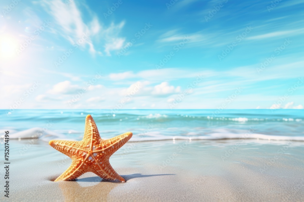beach with starfish in the sand, space for copy text. Summer holiday concept