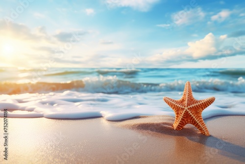 beach with starfish in the sand, space for copy text. Summer holiday concept