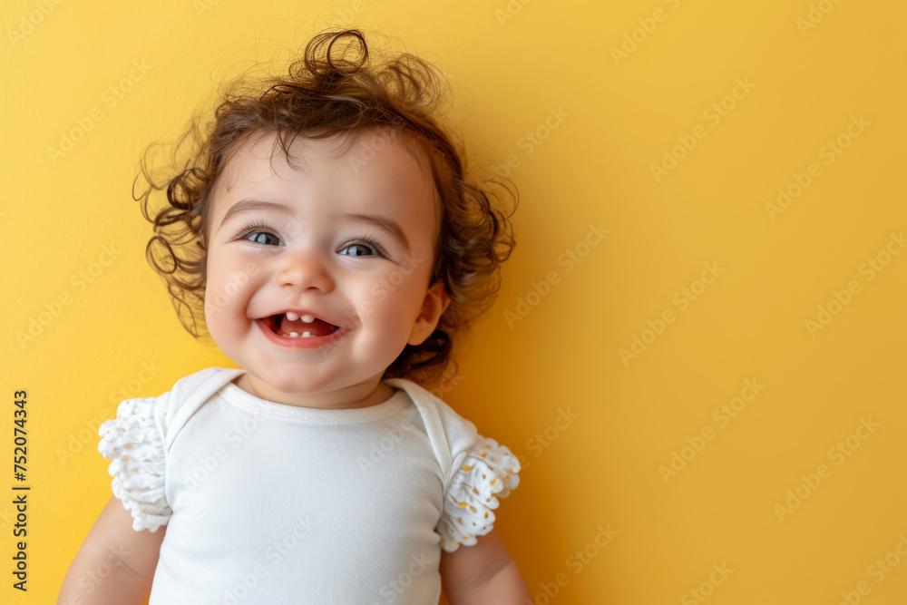 A cheerful baby smiles brightly against a vibrant yellow background, radiating happiness and innocence. The joyful expression on the baby's face brings warmth and positivity to the scene. A cheerful baby smiles brightly against a vibrant yellow background, radiating happiness and innocence. The joyful expression on the baby's face brings warmth and positivity to the scene.