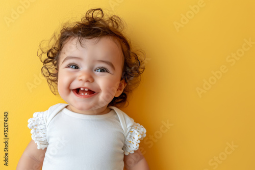 A cheerful baby smiles brightly against a vibrant yellow background, radiating happiness and innocence. The joyful expression on the baby's face brings warmth and positivity to the scene.