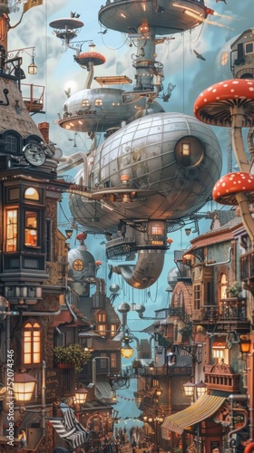 Aluminum airships steampunk city pixie mushroom juice stand © wasan