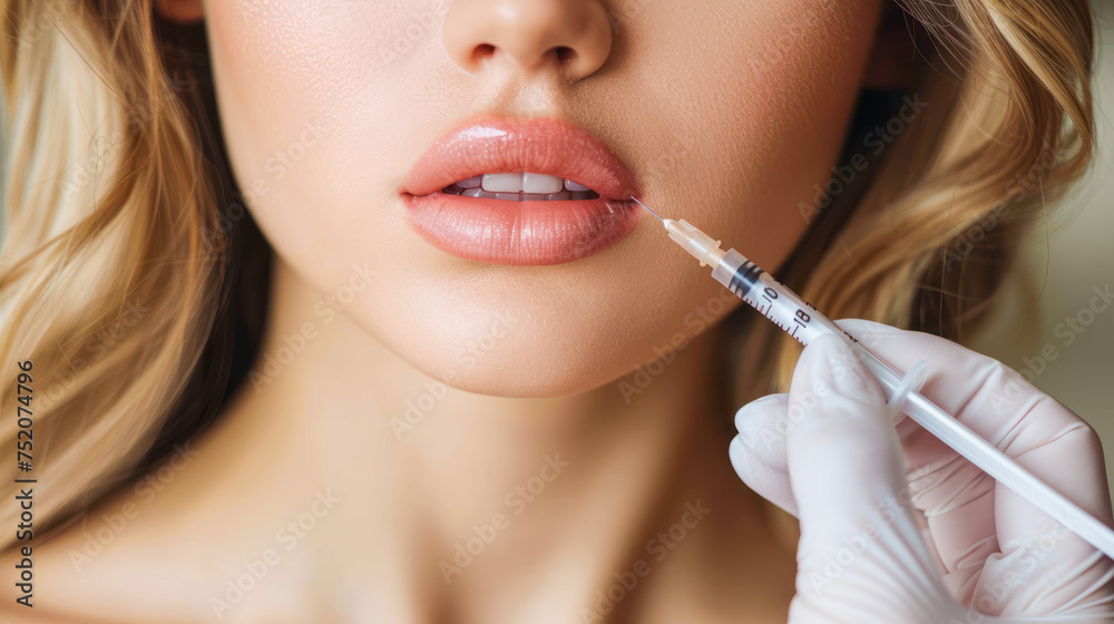 Close up of hands of cosmetologist making botox injection in female lips. She is holding syringe. The young beautiful woman is receiving beauty procedure in clinic. Hyaluronic filler for plump lips Close up of hands of cosmetologist making botox injection in female lips. She is holding syringe. The young beautiful woman is receiving beauty procedure in clinic. Hyaluronic filler for plump lips