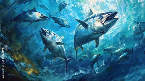 An underwater spectacle featuring a lively school of tuna with the independent spirit of sea life in vivid captivating detail