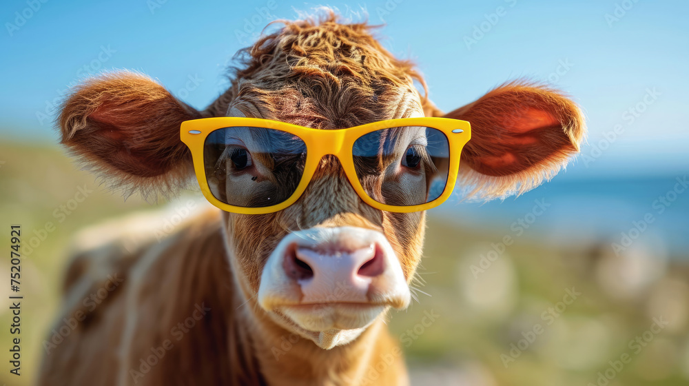 Playful Cow Wearing Heart-Shaped Sunglasses in Sunny Field