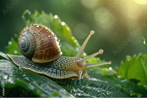 3D visualization: green leaf with dew drops and a large beautiful snail, high resolution. Nature is all around us.