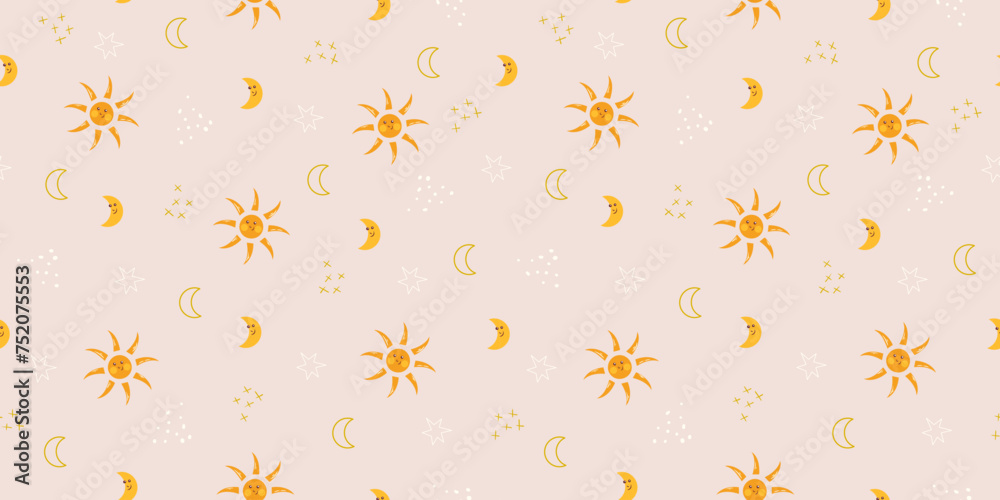 Cute sky background with crescent moon, stars, sun boho colors. Vector seamless pattern - obrazy, fototapety, plakaty 