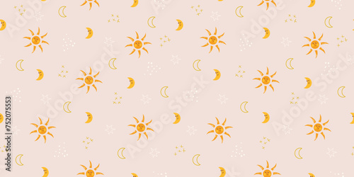 Cute sky background with crescent moon  stars  sun boho colors. Vector seamless pattern