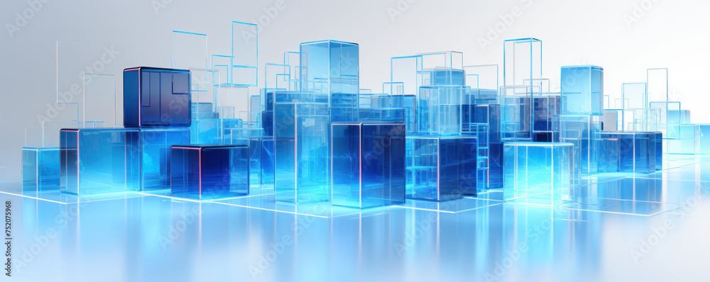 A icon cubes connected by data linesblue glass transparent technology design on white backgroud A icon cubes connected by data linesblue glass transparent technology design on white backgroud