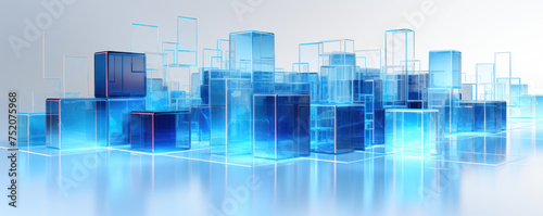 A icon cubes connected by data linesblue glass transparent technology design on white backgroud