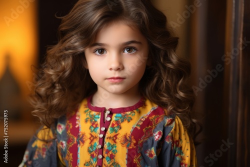 Portrait of a beautiful little girl with long curly hair in a colorful dress.
