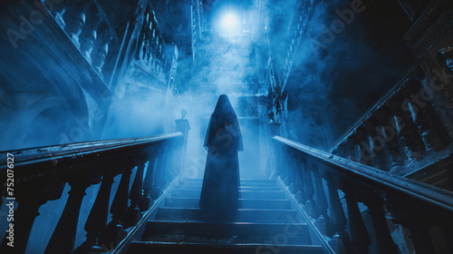 Female ghost standing on a gothic staircase haunted gothic mansion foyer style horror theme  blue glow photo