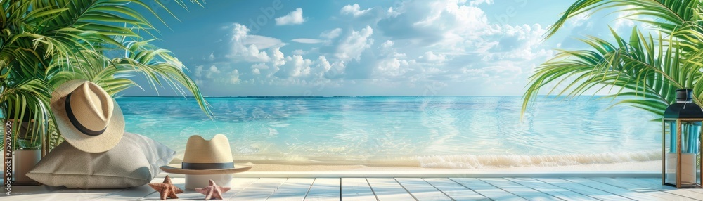 Panoramic display of summer accessories on a podium with the crystalclear tropical sea providing a captivating background Panoramic display of summer accessories on a podium with the crystalclear tropical sea providing a captivating background