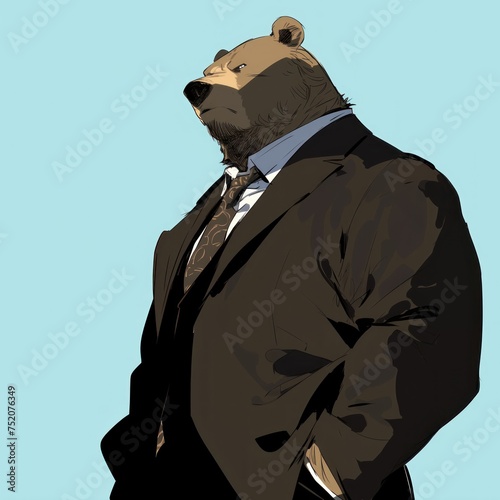 Roundfaced bear in a suit posing on a minimalist modern art gallery backdrop photo