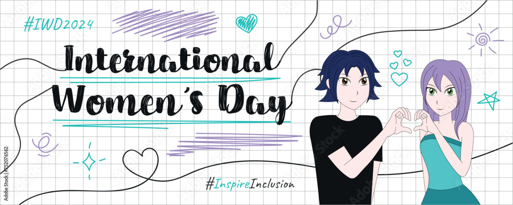 Banner for International Women's Day 2024 with boy and girl in anime style showing heart sign. #InspireInclusion. #IWD2024. Vector design for poster, post, cover Banner for International Women's Day 2024 with boy and girl in anime style showing heart sign. #InspireInclusion. #IWD2024. Vector design for poster, post, cover