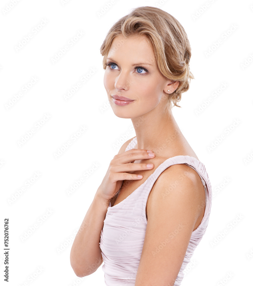 Studio, gorgeous and elegant woman for beauty with flawless skin and grace, makeup or glow with appeal for glamour. Girl, isolated and white background with pretty dress for fashion or luxury style Studio, gorgeous and elegant woman for beauty with flawless skin and grace, makeup or glow with appeal for glamour. Girl, isolated and white background with pretty dress for fashion or luxury style