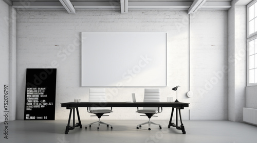 An office interior featuring a blank white empty frame, displaying a minimalistic, black and white typographic design.