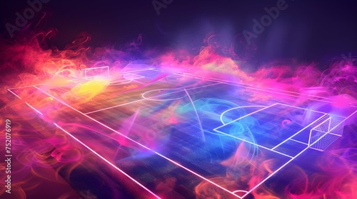 a mesmerizing spectacle--a textured soccer game field enveloped in a neon fog swirling dramatically at the center and midfield
