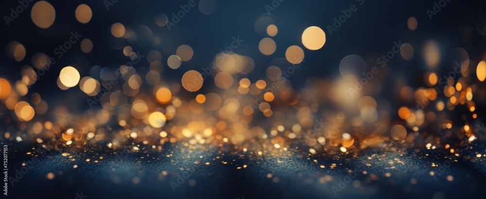 Christmas garland bokeh lights over bokeh gold dark blue background