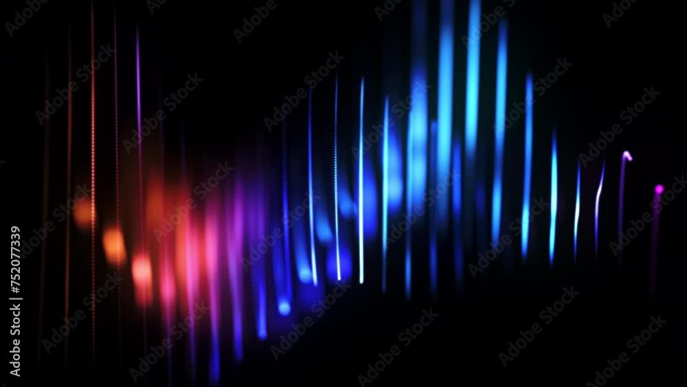 Wave motion of bright dotted lines on black background. Abstract visualization of digital sound processing, sound waves equalizer and audio frequency signal. 4K looped motion of 3D digital soundwaves