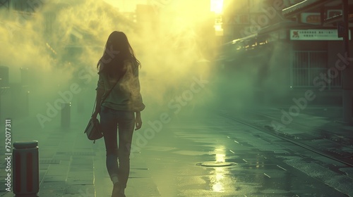A woman strolls down a misty street carrying a suitcase at midnight photo