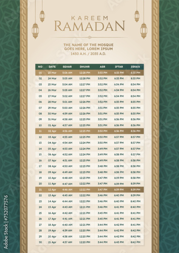 Ramadan Kareem Hijri Arabesque Calendar Template Design photo