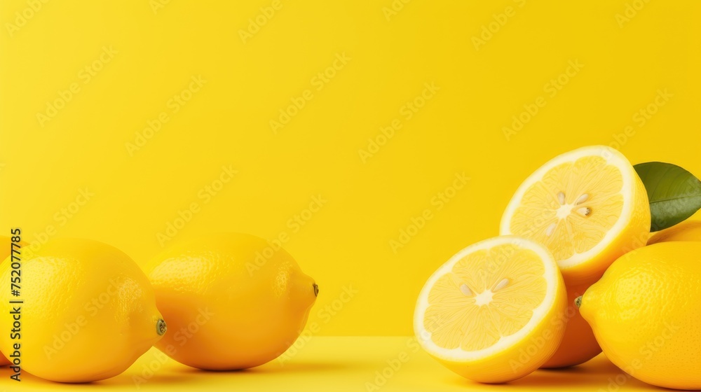 Creative background made of summer tropical fruits with leaves, grapefruit, orange, tangerine, lemon, lime on pastel yellow background. Food concept. Flat lay, top view, copy space