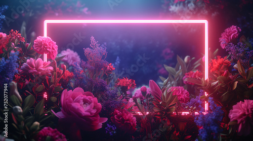 vibrant flowers under the glow of neon rectangles  blending nature with artificial aesthetics  empty mockup
