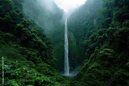 Majestic waterfall amidst lush jungle foliage
