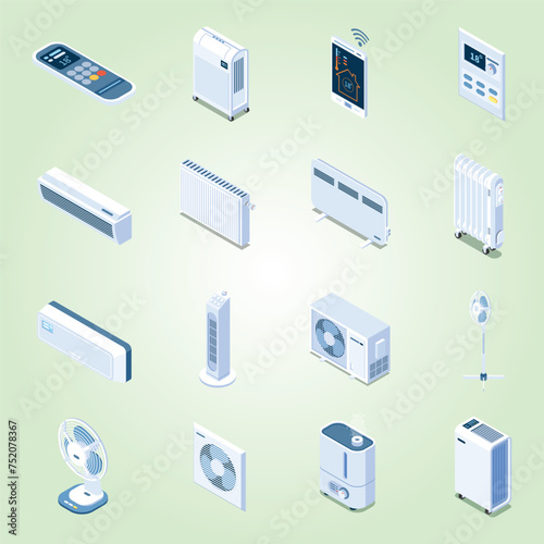 home climate control isometric icons with floor table tower fans air conditioner heat curtain electronic