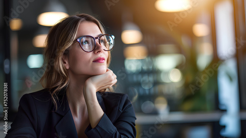 Confident female entrepreneur contemplating business strategies in office