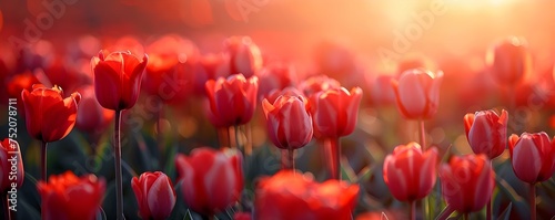 Vibrant red tulips glowing in the sunlight. Concept Flower photography, Red tulips, Natural light, Outdoor setting